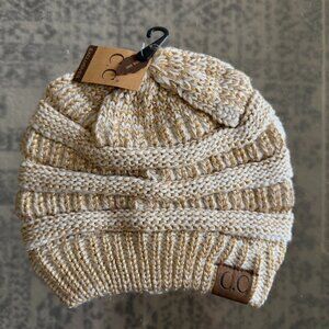 C.C Cream Gold Metallic Knit Beanie Hat